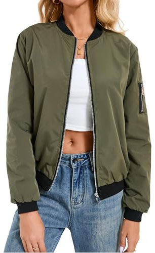 Jhsnjnr Women's Bomber Jacket Trendy Casual Zip Up Windbreaker Lightweight Flight Jackets Outerwear with Pockets for Spring Autumn