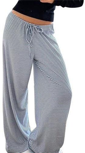 Pyjamasbyxor dam mjuka, pyjamasbyxor dam långa joggingbyxor säckig fritidsbyxor bekväma tygbyxor dragsko strandbyxor breda ben sovbyxor fritidsbyxor stretch yogabyxor nattkläder byxor, blå, L