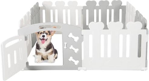 SOARS Recinto per Cani A60 cm, 7 PCS + 1 Pannello con Porta, Recinzione per Cuccioli e Animali Domestici in HDPE, Cancello Box per Cani da Interno ed Esterno, 155 x 155 cm (Grigio + Bianco)