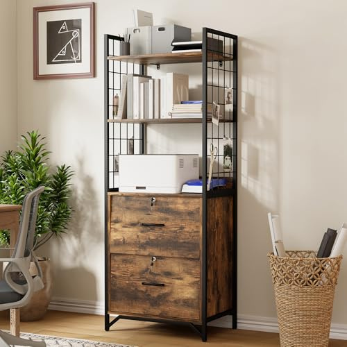File Cabinet for Home Office, 64 Filing Cabinet with Printer Stand and Bookshelf, Small Office Cabinet with 2 Wood Drawers and Locks, Farmhouse Organization and Storage Fits A4/Letter/Legal