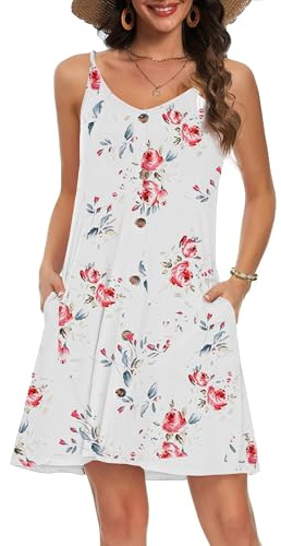 Koerye Vestito Estivo da Donna Copricostume Abiti con Scollo a V Tasche Vestito Spiaggia Cinturino Spaghetti Abito Casual Corto Prendisole Copricostume Bianco Floreale,XL