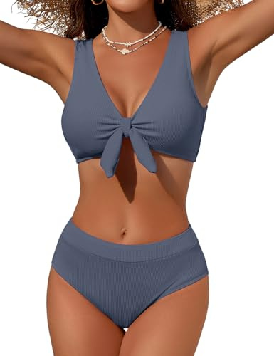 Svanco Maillot de Bain Femme 2 Pièces Gainant, Bikini Texturé avec Nœud Devant, Bas Taille Haute Ventre Plat, Confortable et Élégant pour la Plage et la Piscine