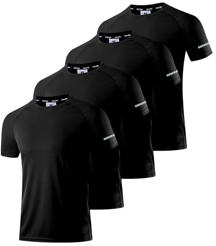 Sportkläder för män, 1/3/4/5/6-pack | Slim fit sportskjortor | andas, snabbtorkande och lätta | med reflekterande detaljer för fitness, löpning och träning, 4-pack: svart/svart/svart, M