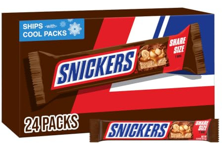 SNICKERS Candy Milk Chocolate Bars, Share Size Bulk Pack, 3.29 oz Bar (Pack of 24)