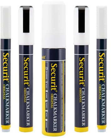 SECURIT - Set Da 5 Pennarelli A Gesso Liquido - Per Lavagne, Vetro, Metallo, Porcellana, Specchio, Plastica - Punta Assortiti - Colore Bianco