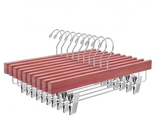 Amber Home 12 unidades de perchas de madera natural de cedro rojo americano para pantalones, perchas para pantalones vaqueros, percha para falda con 2 clips ajustables (12 unidades)
