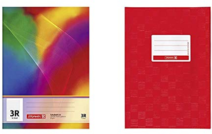 Brunnen 104490323 Schulheft A4 (16 Blatt, liniert, mit Rand, Klasse 3) & 104052424 Hefthülle/Heftumschlag (A4, Folie, mit Namensschild) rot