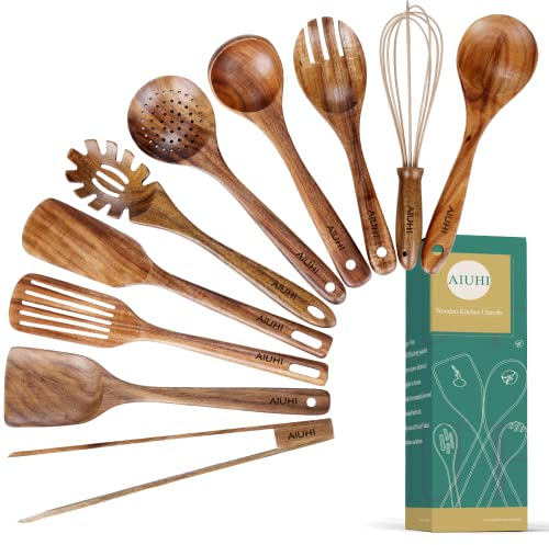 Ustensiles de cuisine en bois antiadhésif pour la cuisine, ustensiles en bois de teck naturel pour la cuisine, ustensiles de cuisine, ustensiles de cuisine en bois avec spatule et louche (10)