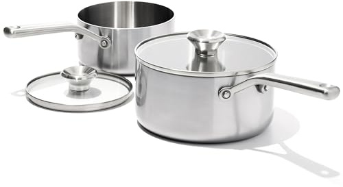 OXO Mira Tri-Ply Stainless Steel, 1.5QT and 3QT Saucepan Pot Set with Lids, Induction, Multi Clad, Dishwasher and Metal Utensil Safe
