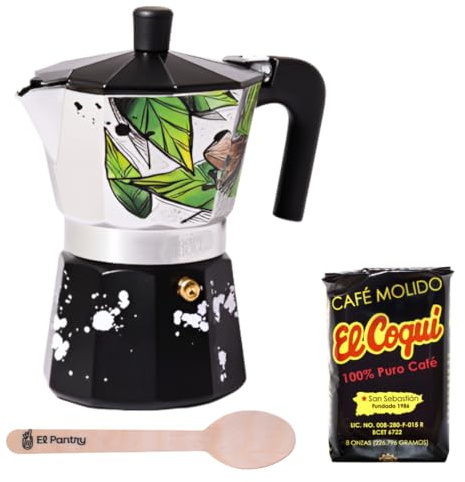 Puerto Rico Greca de Cafe Gift Set | Boricua Art by Joshua Montes Stovetop Coffee pot & Moka Pot with Authentic Café El Coqui and a Wooden Spoon | Cafetera | El Coqui, 6 Espresso Cups