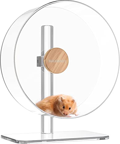 BUCATSTATE Laufrad Hamster, 32cm Acrylic Hamsterrad Leise mit Verstellbare Basis Hamster Spielzeug für Igel, Chinchillas, Roborowski Zwerghamster, Goldhamster, Rennmaus (Klar)