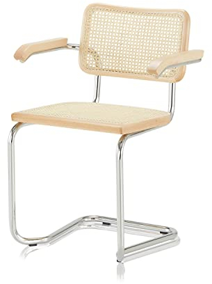 KHG Schwingstuhl Freischwinger mit Armlehnen Chrom - Rückenlehne und Sitzfläche aus Massivholz Buche und Rattan - Esszimmerstuhl, Küchenstuhl Design Stuhl mit Wiener Geflecht