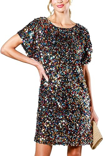 FEMI SEMI Women's Crewneck Sequin Shift Dress Short Sleeve Casual Holiday Sparkly Party Dress (Black,XL)