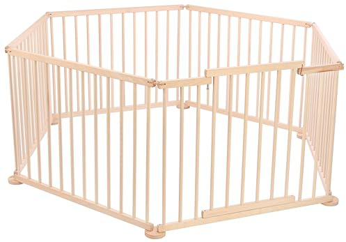 Parque infantil plegable Spec-wood con puerta XXL, 92 x 74 cm, de madera de haya, con seguridad, barrera segura para niños con 6 ángulos