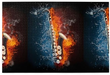 Puzzles, Puzzles für Erwachsene, anspruchsvolles Puzzle, 1000 Teile, Bilderpuzzle aus Holz, Saxophon in Flammen und EIS