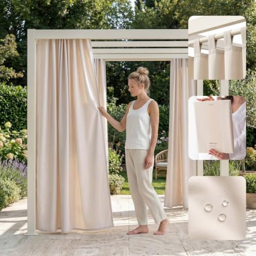 ROOM99 Outdoorvorhäng mit Schlaufen Garden Line 155 x 200 cm Breite x Höhe Outdoor Vorhang wetterfest Wasserdicht Sichtschutz Sonnenschutz Gardinen Garten Winddicht Helle Creme, 1 Stück