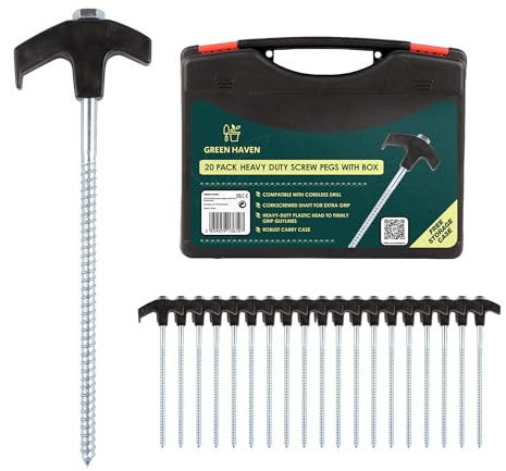 Green Haven Screw Tent Pegs - 20 Pack Heavy Duty Galvanized with Storage Box – Rustproof, Ultimate Strength for Hard Ground, Camping, Tents, Gazebos