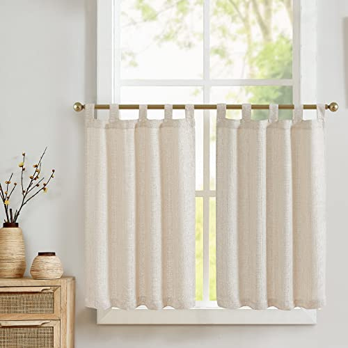 TOPICK Tende con Linguette Tenda da Bistrot con Anelli in Tessuto Porta Finestra Balcone Stile Country Roulotte 2 Pezzi Corte Filtro Luce Rustiche per Soggiorno o Doccia Interni 70L x 60A cm, Beige
