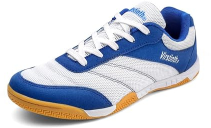 Hixingo Badminton Shoes, Men Womens Tennis Shoes Lightweight Mesh Trainers, 3.5-10.5 UK Cushioned Trainers for Volleyball, Table Tennis, Badminton (White Blue,5.5)