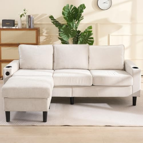 Lubvtti Divano imbottito con porte USB e Type-C,divano 3 posti con due portabicchieri,divano angolare a L,per soggiorno,appartamento,salotto e camera da letto,lino (beige)