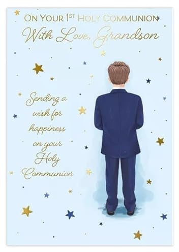 First Holy Communion Card for Grandson, 13 x 19 cm, Gold Foil Stars Design, Religious Greeting Card