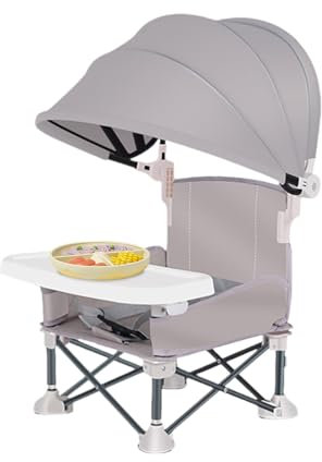 Foldable Baby Travel Seat Booster Toddler Dining Seat with Removable Tray and Parasol, Baby Booster Seat Highchair Portable Folding Booster Feeding Chair for Family Meal and Outdoor Picnics