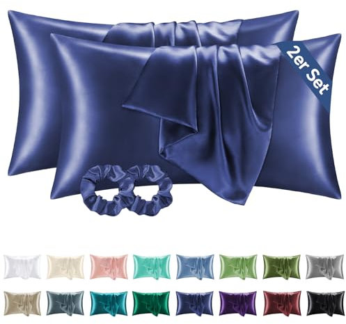 BEDELITE Satin Kissenbezug 40 x 80 Dunkelblau - Kopfkissenbezug 2er Set Weich wie Seidenkissenbezug 40x80 Sommer mit 2 Haargummis für Haar und Haut, Similar to Silk Pillowcase Pillow Cover