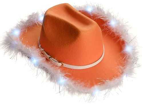 Funcredible Orange Light Up Cowgirl Hat – Fluffy Western LED Hat with White Belt – Orange Hats for Women - Cowgirls Accessories for Concerts and Parties