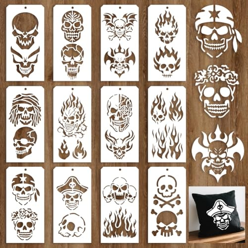 GOMAKERER 12 hojas esqueleto llamas plantillas de pintura, 24 estilos Halloween cráneo plantillas de dibujo reutilizable plantilla de borde para pintar en la pared decoración del hogar de madera