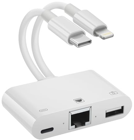 Giochem 2 in 1 Lightning and Type C to RJ45 Ethernet Adapter Network Adapter, with Charge Port and USB Port Support USB Flash Drive/Keyboard/Mouse/Came, Plug and Play,Supports 100Mbps Ethernet Network