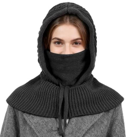 TAGVO Chaud Ensemble Bonnet Écharpe et Masque Hiver, 3 en 1 Tricotés Cagoule Masque Facial avec Cache-Cou Doux Écharpe à Capuche Unisexe, Réglable Masque Coupe-Vent pour Visage et Cou