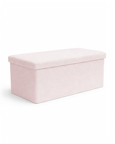 KEPLIN Storage Ottoman Bench 76×38×38 cm – Large 90 L Hidden Storage, Rapid Fold‐Flat Design, 150kg Load Capacity, Tufted Teddy Fabric Finish – Ideal for Hallway, Bedroom, Living Room - Pink
