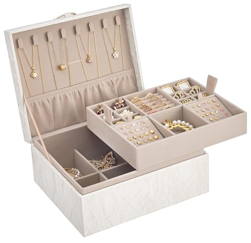 SONGMICS Scatola Portagioie a 2 Livelli, Porta Gioielli con Maniglia, Vassoio Rimovibile, Effetto Fluttuante, 20,5 x 24 x 11 cm, Idea Regalo, Bianco Crema JBC165W101