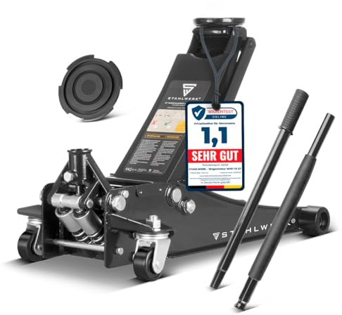 STAHLWERK Gato hidráulico con capacidad de 3 toneladas – extra plano, rango de elevación de 73-500 mm, ruedas gomizadas, doble pistón hidráulico, gato de maniobra, gato hidráulico, elevador de auto