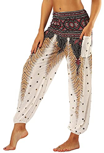 Nuofengkudu Frau Hippie Hose Pumphose Haremshose Aladdinhosen Boho Gemustert Gesmockte Taille mit Taschen Yogahose Freizeithose Sommerhose Strandhose Braun Pfau