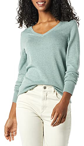 Amazon Essentials Women's Regular-Fit Lightweight V-Neck Long-Sleeve Jumper (Available in Plus Size), Sage Green Heather, XXL