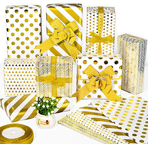 Whaline Geschenkpapier-Set、 8 Blatt Wei?gold、 Geschenkpapier mit 10 Schleifen und 22 Meter Glitzerband、 Dreieck、 Punktstreifen、 Folie、 dekoratives Kunstpapier für Geburtstag、 Weihnachten、 Valentinstag