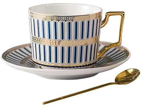 Ensemble tasse à thé et soucoupe de style européen, 250 ml en porcelaine anglaise avec soucoupe et cuillère dorée (bleu clair)