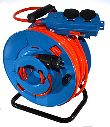 Hilark Garten-Elektrokabeltrommel, Rückspule, Kabeltrommel H07BQ-F 3g2,5 mm2, Schuko-Stecker und blau Schuko-Steckdosenblock, Klappsteckdose (50 meter, Orange)