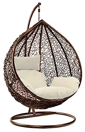 wowsubli Rattan Swing Egg Chair with Stand Outdoor Indoor Garden Patio Hanging Egg Chair with Cushion (Brown Egg Chair & White Cushion)