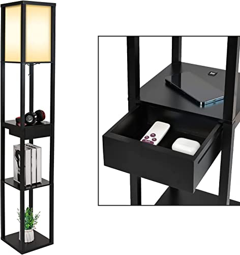 Fullwatt Stehlampe mit Holzregal Innenbeleuchtung Holz Stehleuchte mit Regalen für Schlafzimmer und Wohnzimmer (Schwarze Aktualisierte Version)