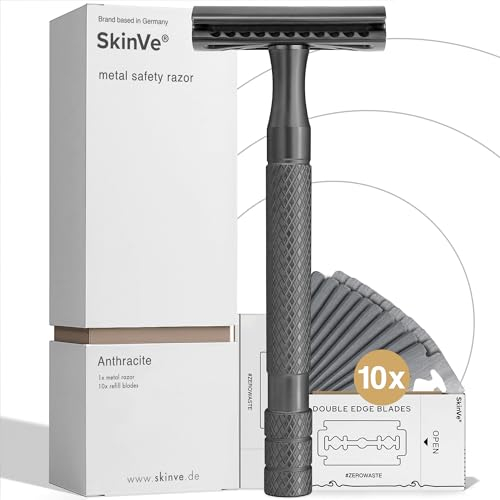 SkinVe® Premium Rasierhobel in Anthrazit inkl. 10 Rasierklingen I Zero Waste Nassrasierer für Damen und Herren I Sicherheitsrasierer mit 2-seitigem Klingenkopf I Plastikfrei