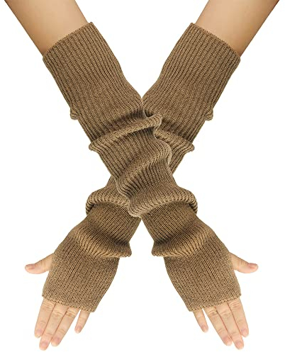 LERTREEUK Damen Mädchen Strickhandschuhe Kaschmir-Mischung Lange Armstulpen Ellenbogenwärmer Fingerlose Fäustlinge mit Daumenloch (Khaki)