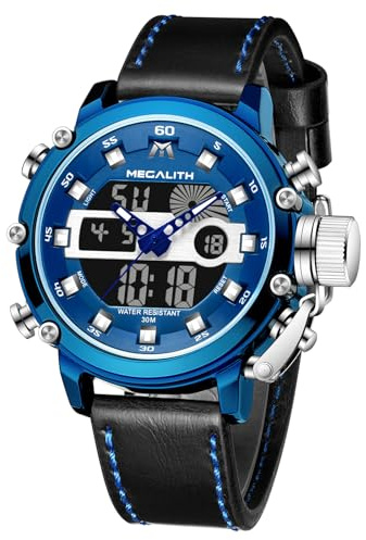 MEGALITH Montre Homme Digitale Militaire: Sport Montre Numerique Cuir Noir Etanche 3ATM Grand Cadran avec Chronomètre Alarme Calendrier LED - Mode Cadeau Homme