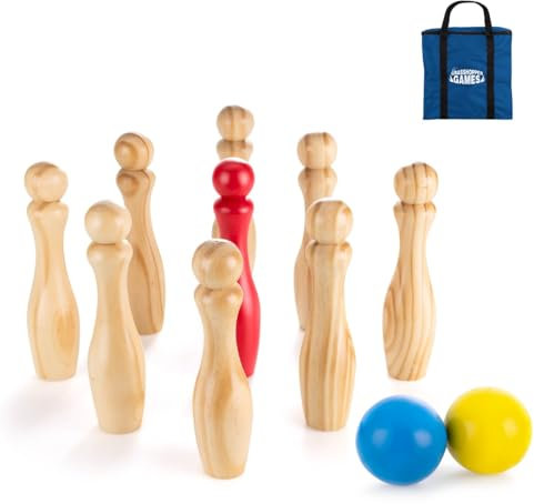 Grasshopper Games 20cm Wooden Skittles Bowling Set for Kids, Outdoor Indoor Educational Wooden Skittles, Complete Classic Set for Kids and Adults