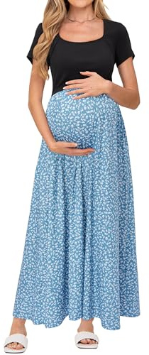 OUGES Dam 2024 sommar moderskap maxiklänning för fotografering kortärmad baby shower avslappnad lång klänning med fickor, Ljusblå blommig, M