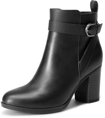 DREAM PAIRS Botines de Tacón Alto Grueso para Mujer, Punta Redonda, Botines Cortos de Otoño,Size 40.5,Negro-Pu,SDAB2431W