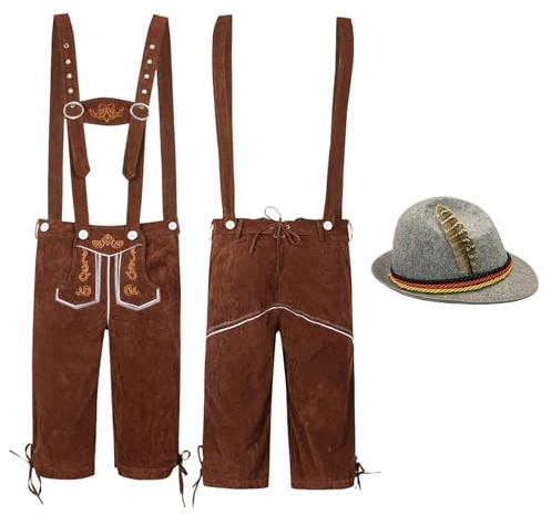 MOVAWAKY Costume Allemand Bavarois Oktoberfest Homme,Alsace Costume Homme avec Culotte Bavaroise, Chemise et Chapeau Pantalon en Cuir Traditionnel Oktoberfest | | pour La FêTe de La BièRe
