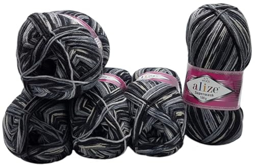 5 x 100 Gramm Superwash Sockenwolle einfarbig und mehrfarbig, 75% Schurwolle, 500 Gramm Wolle für Stricksocken und Strümpfe (schwarz grau 2695)