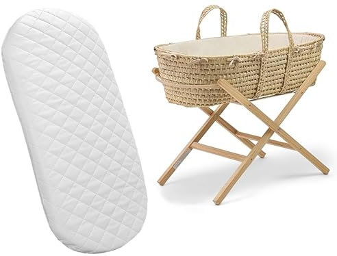 Go4Demand Moses barnvagnskorg, madrass, extra tjock och bekväm, ovalformad skummadrass som passar lätt barnvagn och matvårdskorg, sängkläder med andningsbart quiltat skydd (72 x 26,5 x 4 cm)